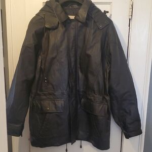 St. John's Bay Mens Black Hooded Leather Field Jacket Large
